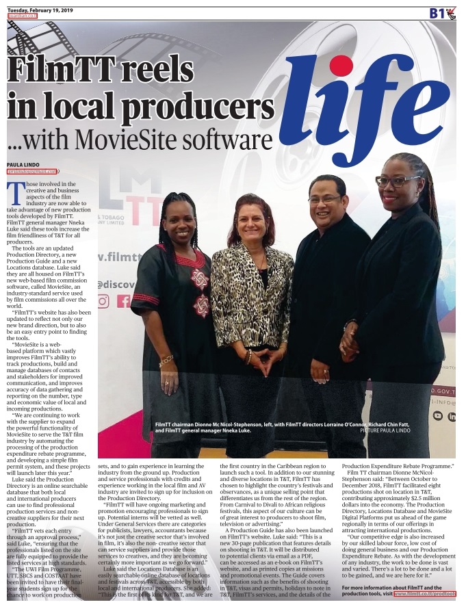 Photo of article in the TT Guardian with accompanying picture of FilmTT chairman Dionne Mc Nicol-Stephenson, FilmTT directors Lorraine O'Connor, Richard Chin Fatt and FilmTT general manager Nneka Luke.